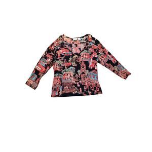 Chico's Travelers Slinky Wrinkle Free Asian Black Red 3/4 Sleeve‎ Top Size 3 XL